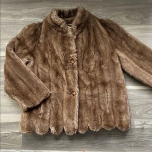 Beautiful Vintage Scallop Trim Brown Faux Fur Coat